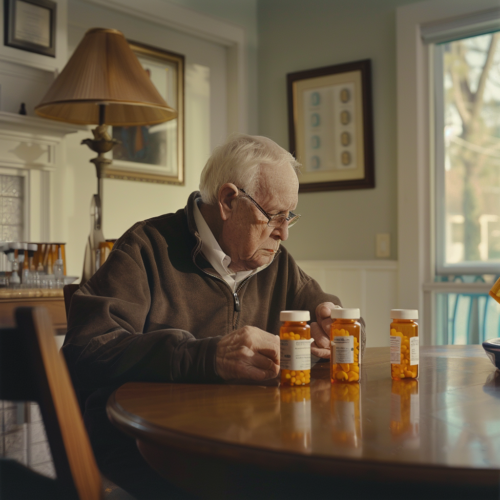side view of old man with pill bottles